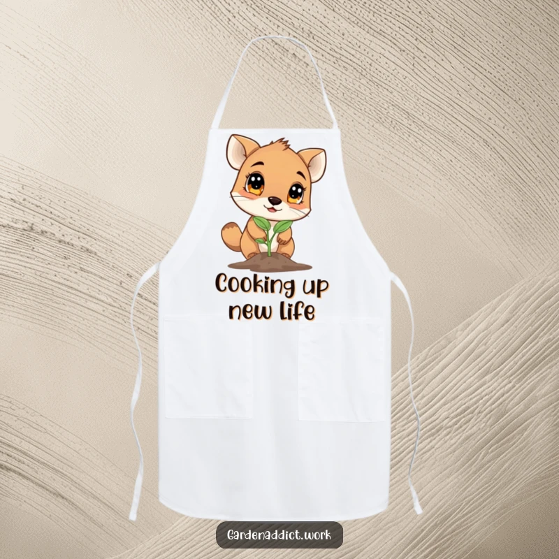 Funny gardening apron featuring a curious animal character examining a newly sprouted seedling with wide eyes, ideal for kitchen use.