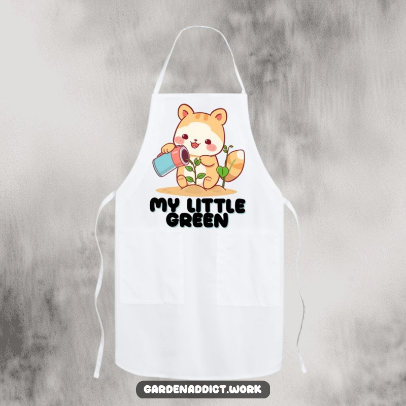 Funny cute animal character happily watering a growing plant with a can on a kitchen apron, a great funny chef gift.