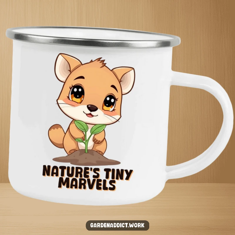 Funny camping mug featuring a curious animal character examining a newly sprouted seedling with wide eyes, ideal for outdoor enthusiasts.