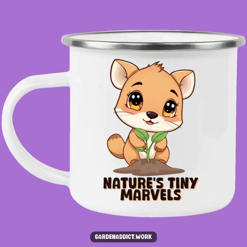 Funny Camp Mug: Curious Animal Observing Seedling, Outdoor Wonder