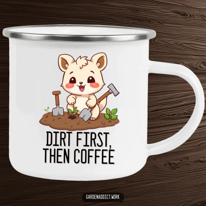 Funny camping mug featuring a joyful squirrel character enthusiastically tilling soil with tiny tools, perfect for outdoor enthusiasts.
