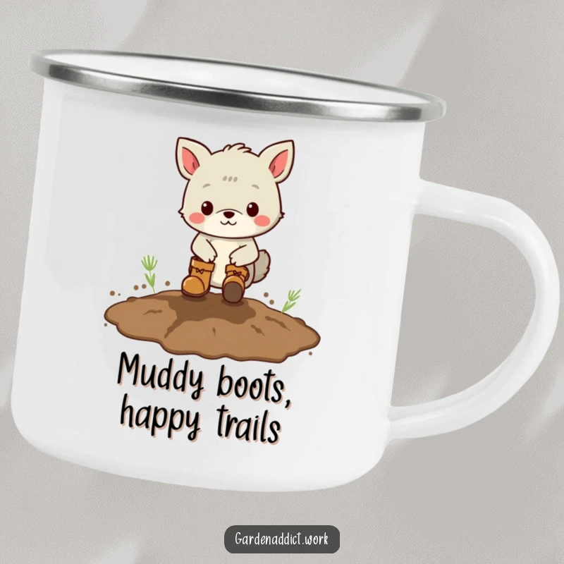 Funny camping mug featuring an animal character wearing boots, playfully stomping in a muddy patch, ideal for outdoor enthusiasts.