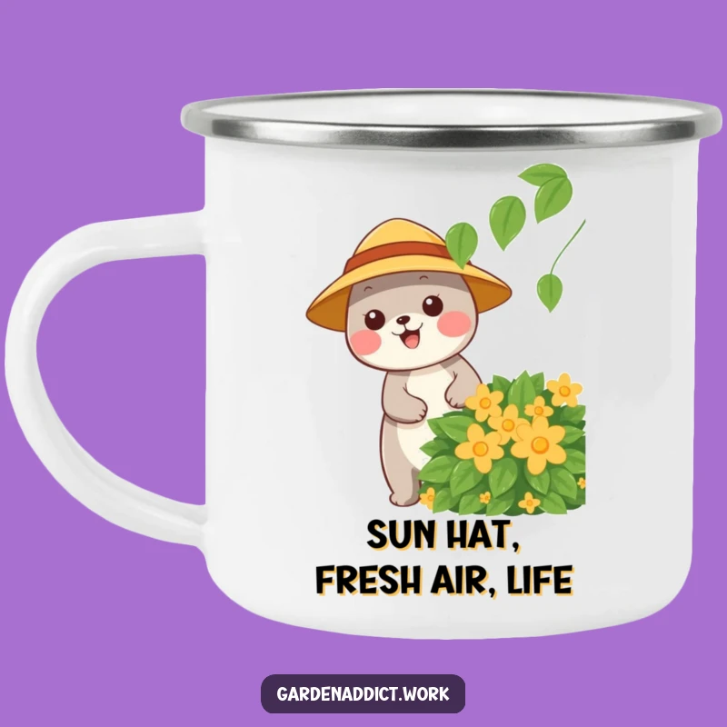 Funny Camp Mug: Happy Gardener with Sun Hat, Outdoor Cheer