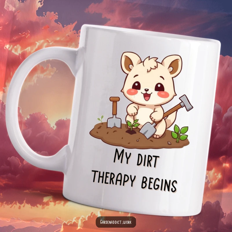 Funny gardening mug featuring a joyful squirrel character enthusiastically tilling soil with tiny gardening tools, perfect for plant lovers.