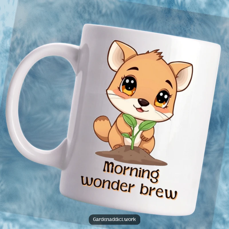 Funny mug with a curious animal character examining a newly sprouted seedling with wide eyes, celebrating nature's wonders.