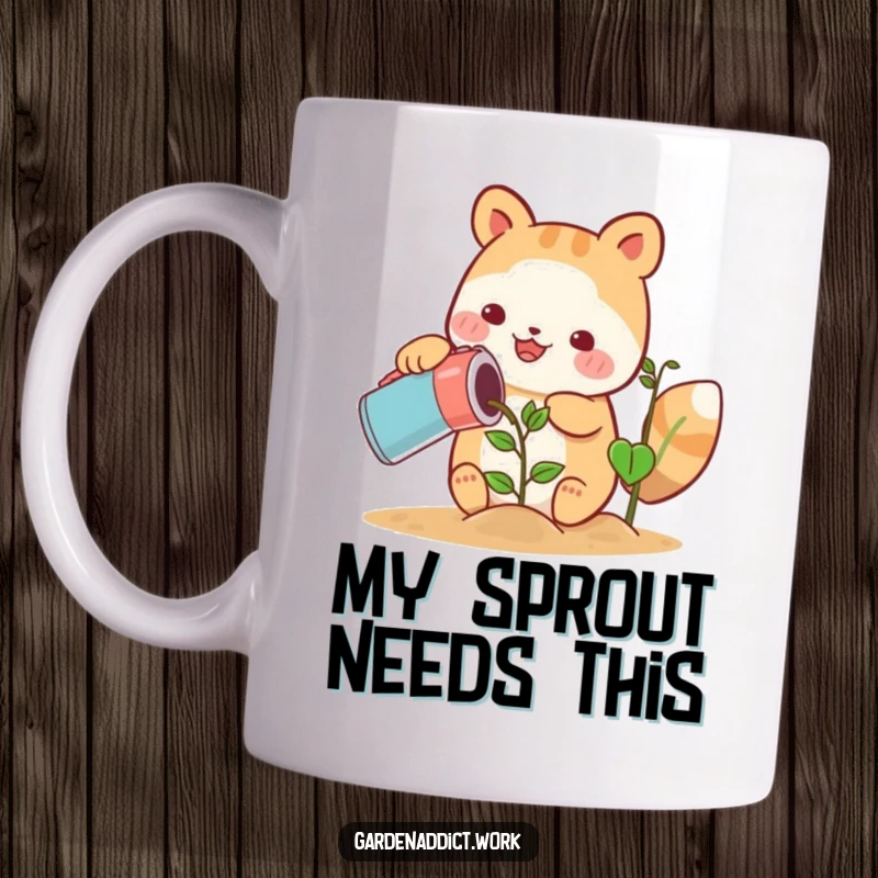 Funny cute animal character happily watering a growing plant with a can on a mug, a heartwarming funny gift.