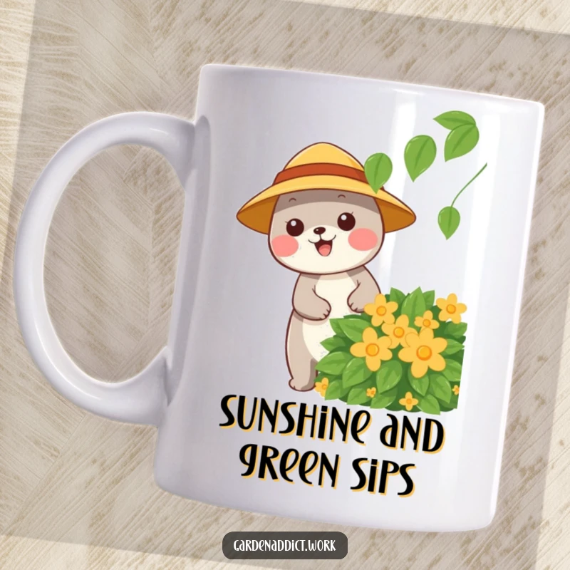 Funny mug with a happy animal character wearing a sun hat, pruning a leafy bush, celebrating gardening joy.