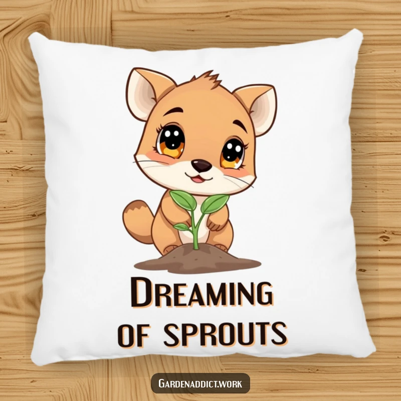 Funny seedling pillow with a curious animal character examining a newly sprouted seedling with wide eyes, offering comfort and charm.