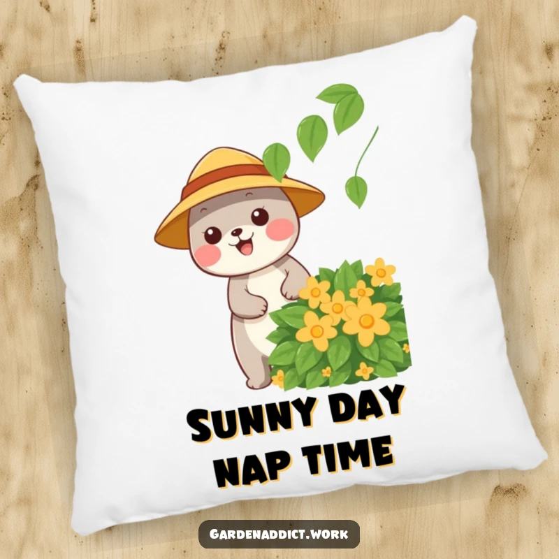 Funny sun hat pillow with a happy animal character pruning a leafy bush, offering comfort and garden cheer.