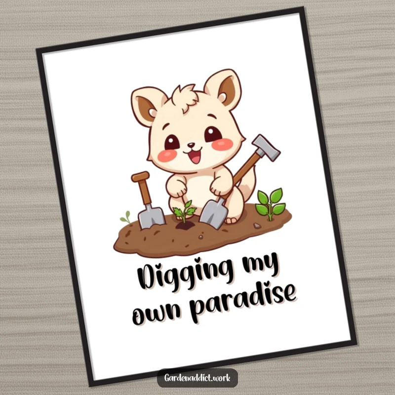 Funny digital art print of a joyful squirrel character enthusiastically tilling soil with tiny tools, perfect for instant humorous decor.