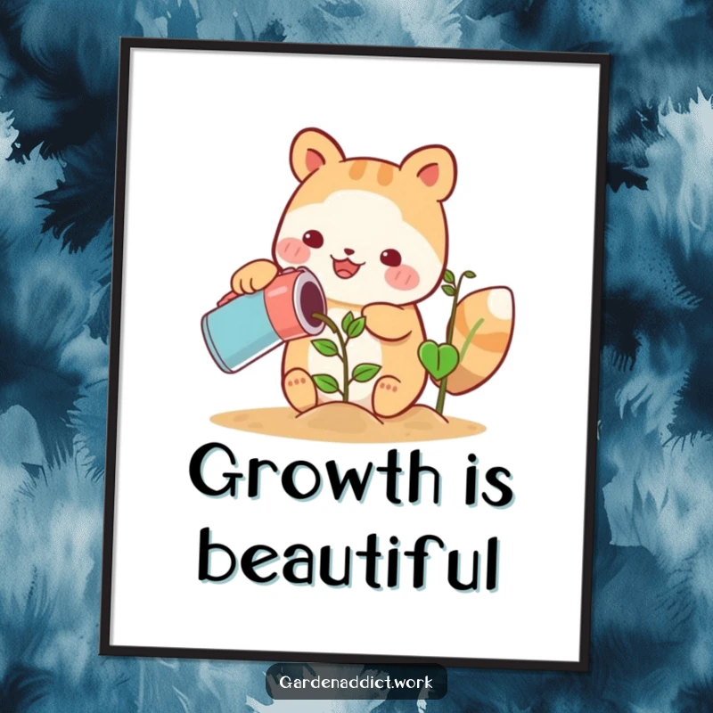 Funny cute animal character happily watering a growing plant with a can on a digital art print, instant funny gift.