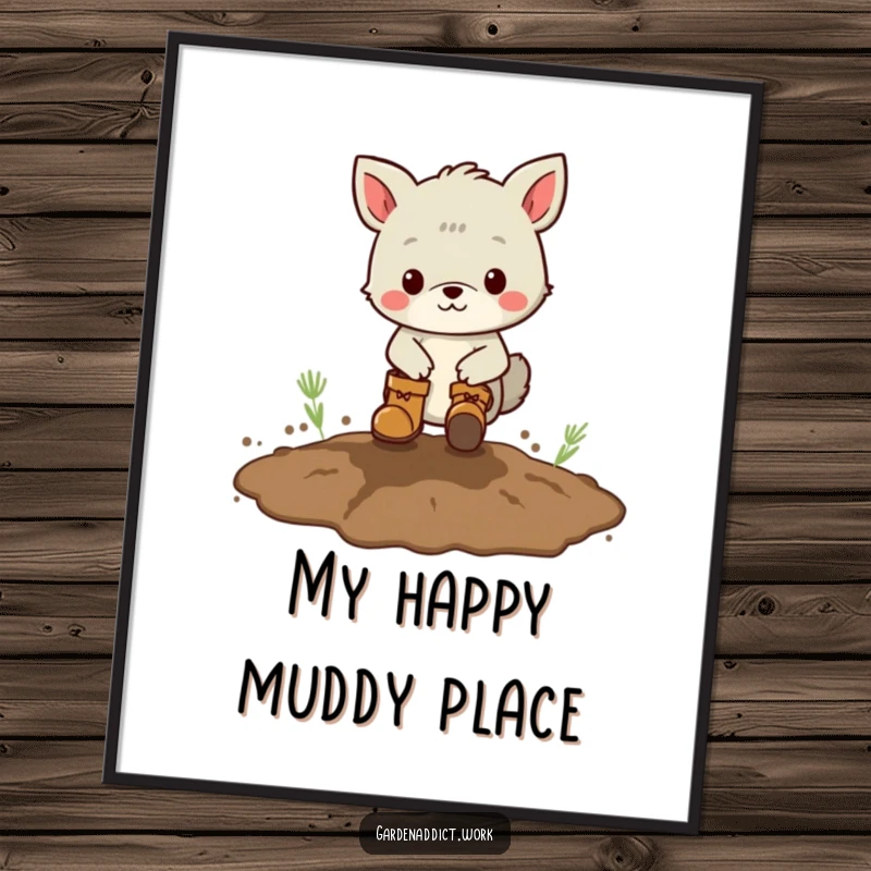 Funny digital art print of an animal character wearing boots, playfully stomping in a muddy patch, perfect for instant decor.