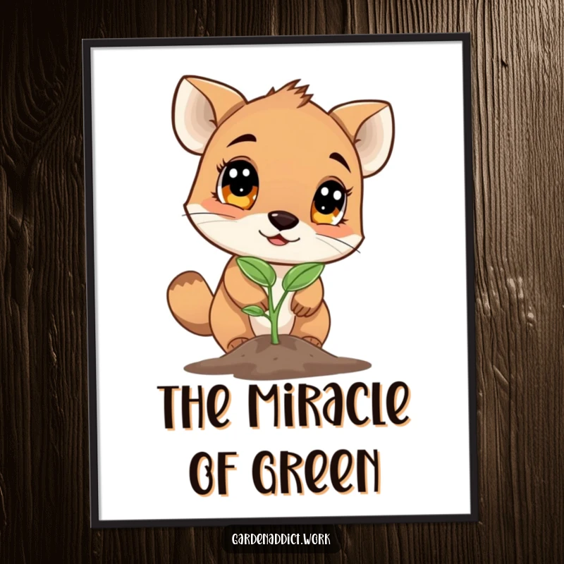 Funny digital art print of a curious animal character examining a newly sprouted seedling with wide eyes, perfect for instant decor.