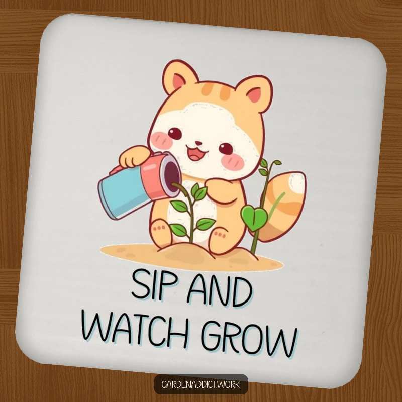 Funny cute animal character happily watering a growing plant with a can on a drink coaster, a funny housewarming gift.
