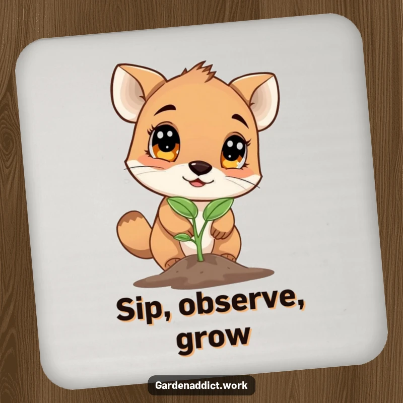Funny coaster showing a curious animal character examining a newly sprouted seedling with wide eyes, protecting surfaces charmingly.