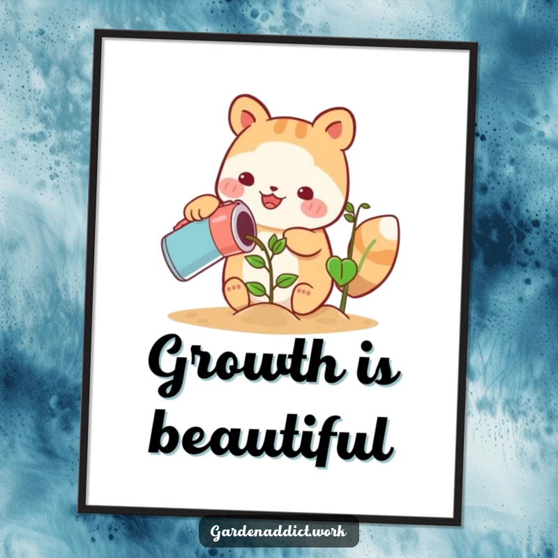 Funny cute animal character happily watering a growing plant with a can on a poster, perfect funny wall art.