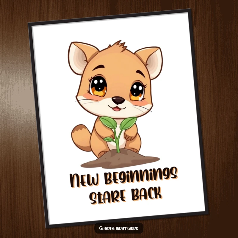 Funny poster depicting a curious animal character examining a newly sprouted seedling with wide eyes, adding whimsical charm.