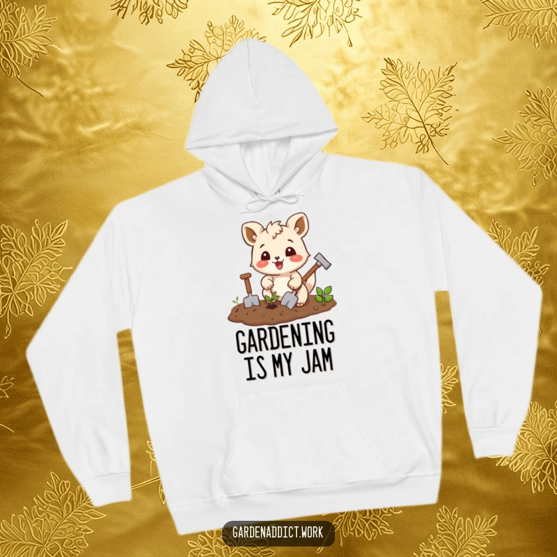Funny gardening hoodie with a joyful squirrel character enthusiastically tilling soil with tiny tools, perfect for cool weather comfort.