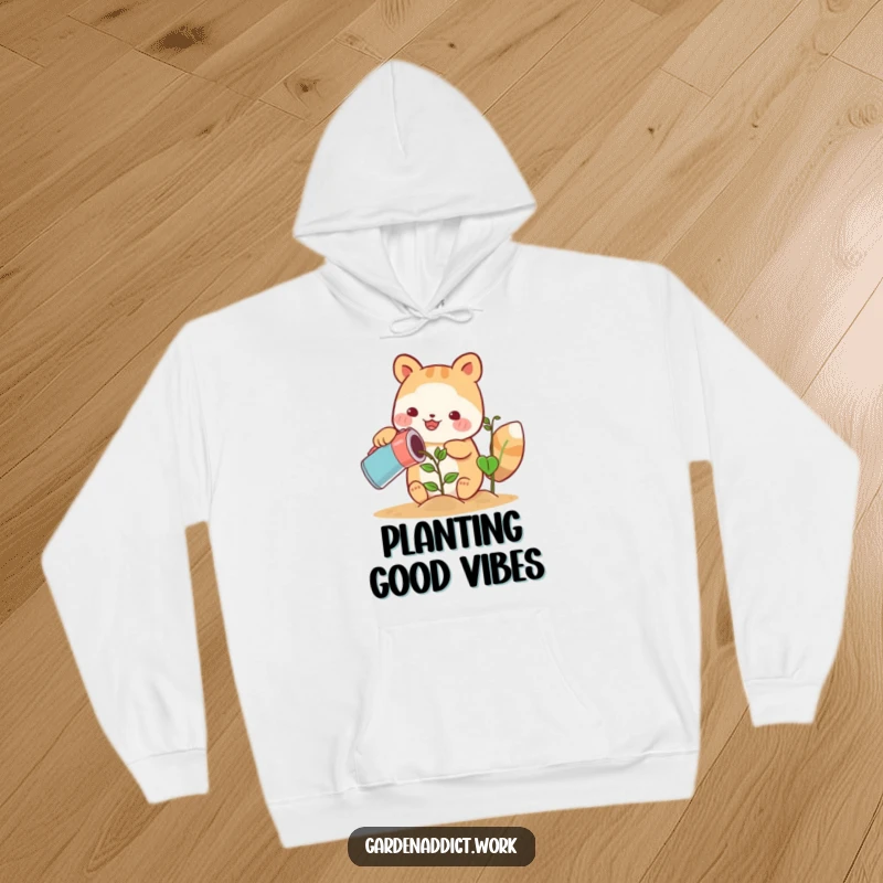 Funny cute animal character happily watering a growing plant with a can on a cozy hoodie, a perfect funny gift.