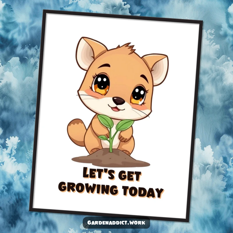 Funny Free Printable Wall Art: A wide-eyed animal character curiously examines a small, newly sprouted seedling in a delightful scene.