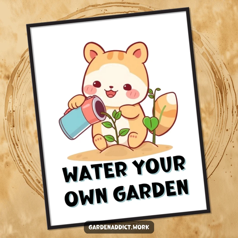Funny free printable wall art: A cute animal character happily watering a growing plant, serene and charming downloadable art for peaceful spaces.