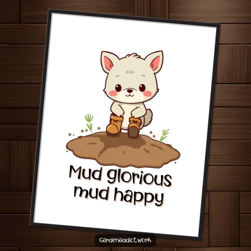 Funny Free Printable Wall Art: An animal character wearing boots joyfully stomps in a muddy patch, bringing playful vibes.