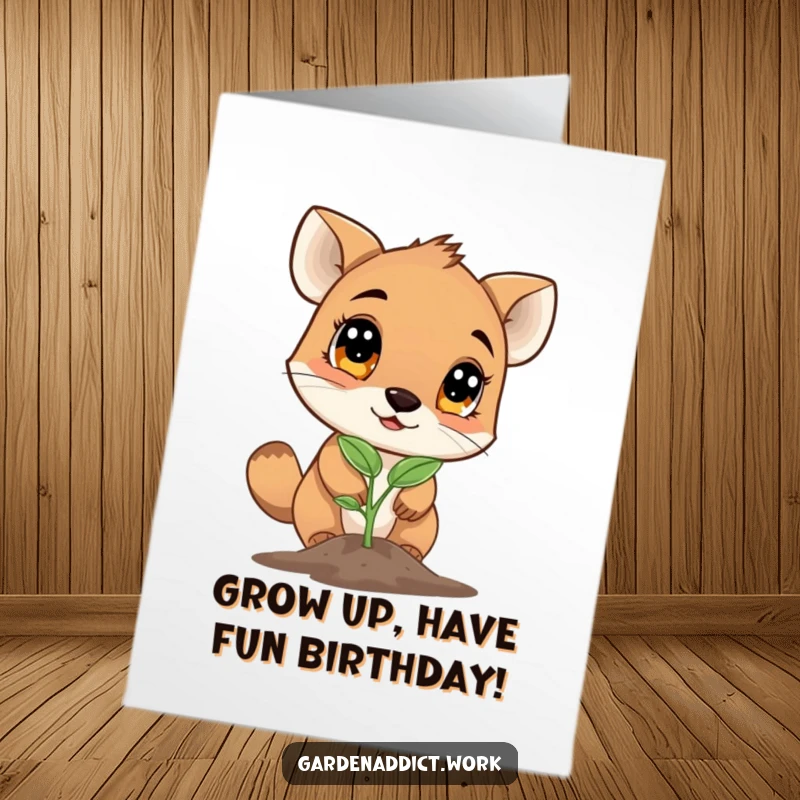 Funny Free Printable Birthday Card: Wide-eyed animal curiously inspecting a tiny new seedling, marveling at growth.