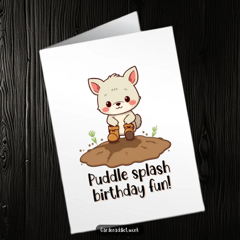 Funny Free Printable Birthday Card: Animal in boots gleefully stomping in a mud puddle, celebrating with messy joy.