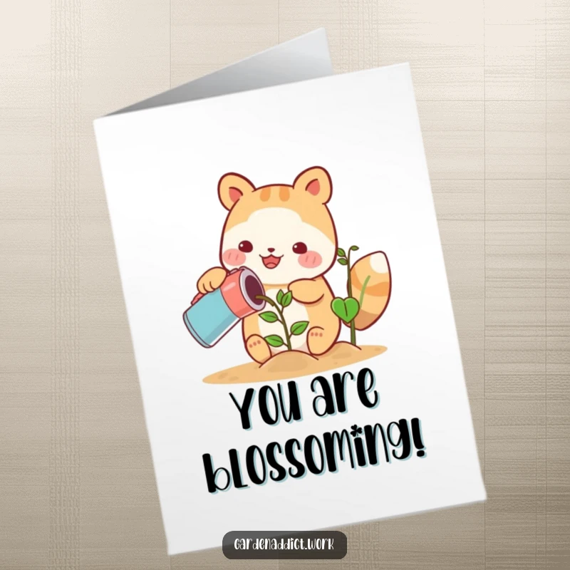 Funny free printable congratulations card: A cute animal character happily watering a growing plant, representing nurtured success and flourishing achievements.