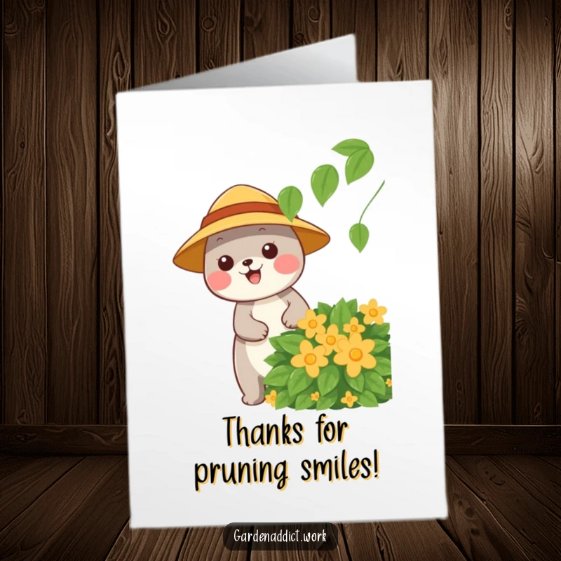 Funny Free Printable Thank You Card: A happy animal in a sun hat prunes a bush, sending warm thanks.