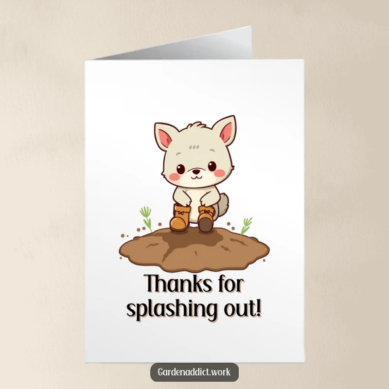 Funny Free Printable Thank You Card: A happy animal in boots stomps playfully in mud, sending thanks with a splash.