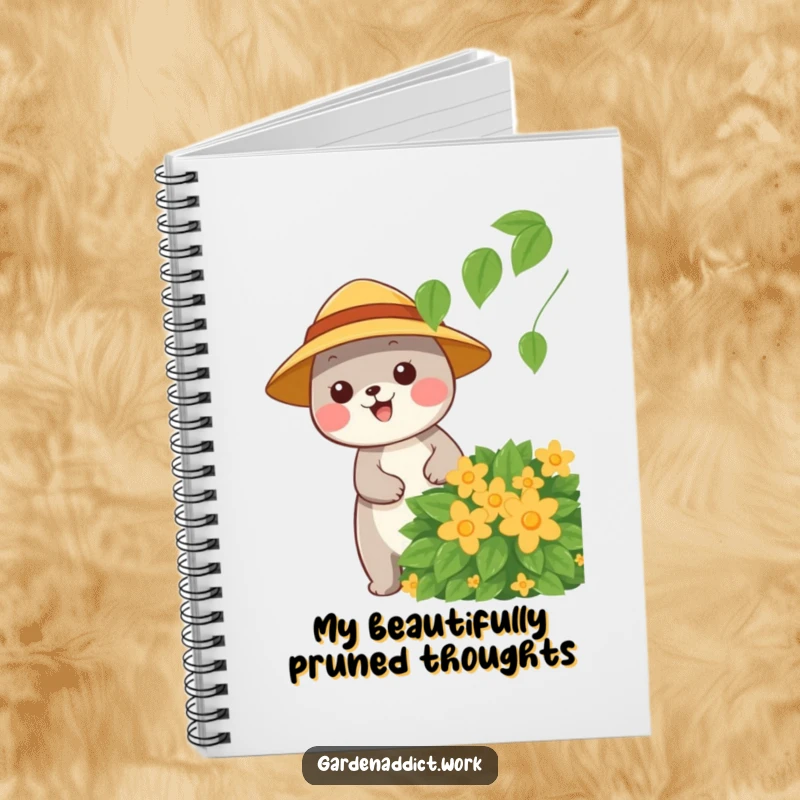 Funny notebook with a happy animal character wearing a sun hat, pruning a leafy bush, perfect for jotting notes.