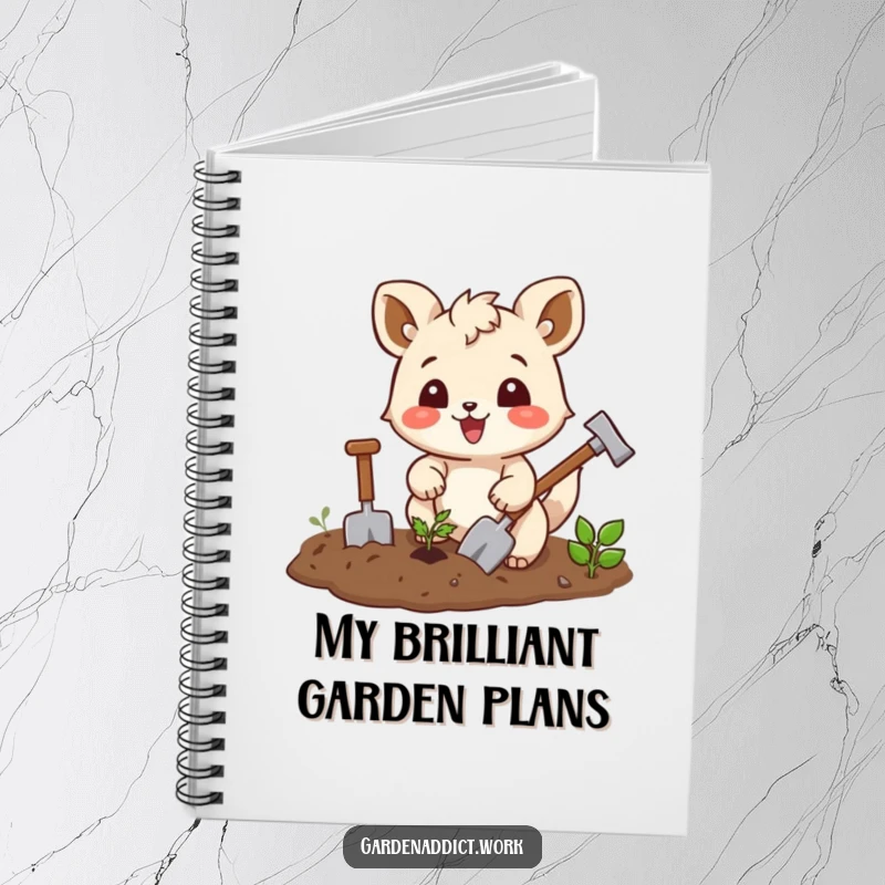 Funny gardening notebook with a joyful squirrel character enthusiastically tilling soil with tiny tools, ideal for jotting down garden plans.