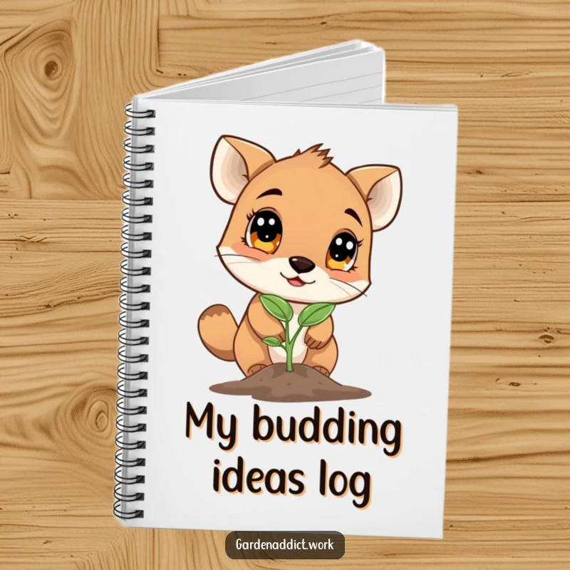 Funny notebook with a curious animal character examining a newly sprouted seedling with wide eyes, perfect for jotting notes.