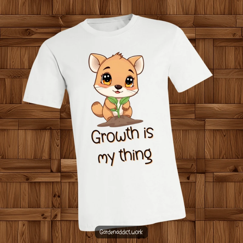 Funny t-shirt featuring a curious animal character examining a newly sprouted seedling with wide eyes, perfect for plant enthusiasts.