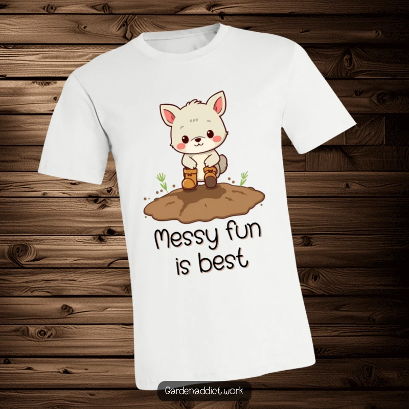 Funny t-shirt featuring an animal character wearing boots, playfully stomping in a muddy patch, perfect for outdoor adventures.
