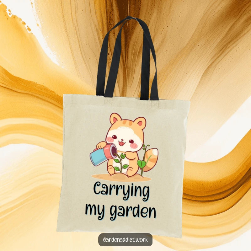Funny cute animal character happily watering a growing plant with a can on a tote bag, a lovely funny gift.