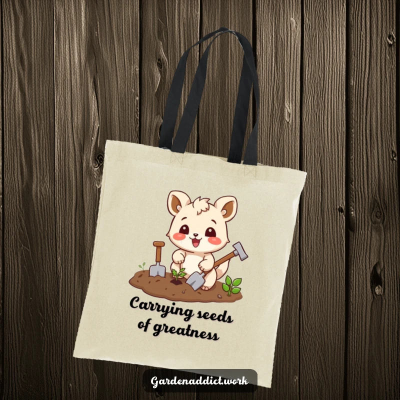 Funny gardening tote bag featuring a joyful squirrel character enthusiastically tilling soil with tiny tools, perfect for eco-friendly and humorous carrying.