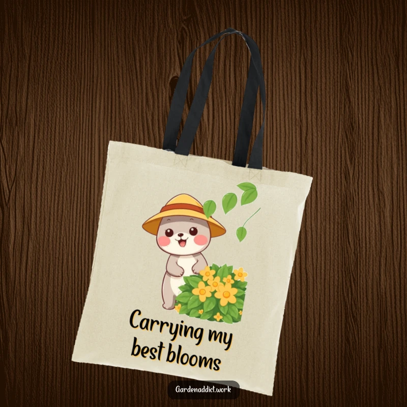 Funny tote bag featuring a happy animal character wearing a sun hat, pruning a leafy bush, perfect for carrying items.